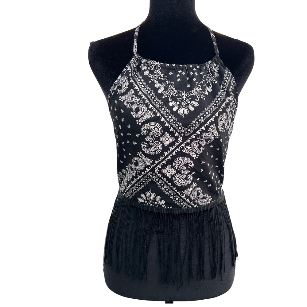 Black Bandana Paisley Fringe Halter Crop Top Festival Western Tie Back Boho